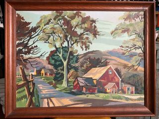 Vintage Paint By Number Red Barn Country Road Completed Framed Pbn 24 " X18 " Large