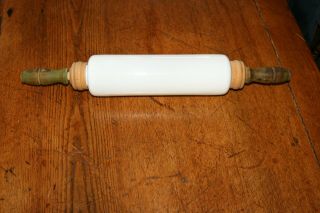 Antique White Milk Glass Rolling Pin With Wooden Handles 18 "