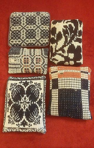 5 Small Early Antique Indigo,  Red & White Coverlet Pillows 4.  5 " X 7 " To 7 " X 9 "