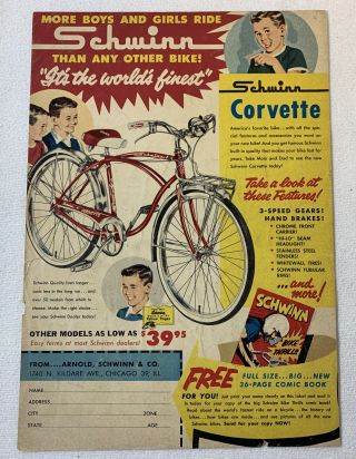 1959 Schwinn Bicycle Cartoon Ad Page Boy 