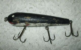 Antique Old Wooden Painted Fishing Lure 3 Hooks Black Red White Painted Eyes
