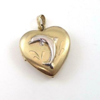 Vintage 14k Gold Filled Picture Locket Dolphin Heart Love Pendant Lhh3