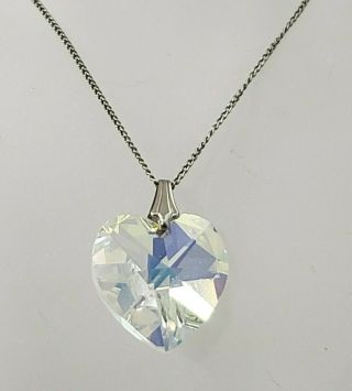 Vintage Crystal Aurora Borealis Heart Pendant Necklace Silver Tone Chain Avon