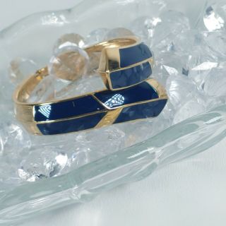 Vintage Trifari Blue Enamel Hinged Clamper Bangle Cuff Bracelet Gold Tone 3