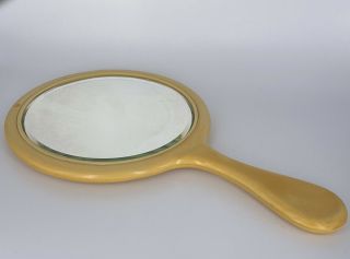 Antique Ivory Pyraline Round Vanity Hand Mirror Beveled Handle Yellow Pre - Wwi