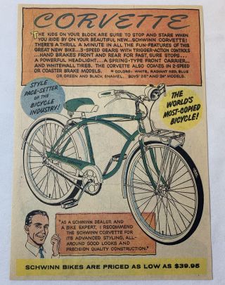 1959 Schwinn Bicycle Cartoon Ad Corvette Style Pace - Setter