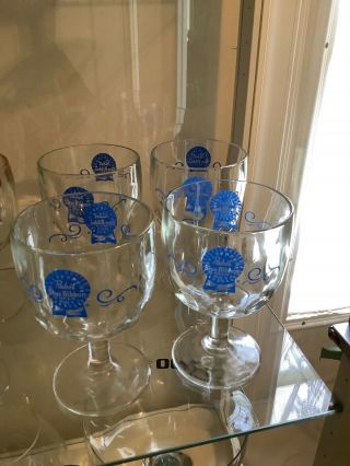 Set Of 4 Vintage Pabst Blue Ribbon Beer Goblets Glasses Pbr Thumb Print