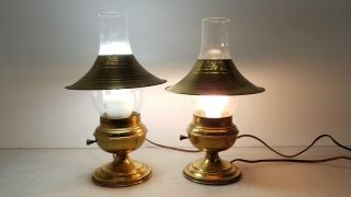 2 Vintage Brass Hammered Electric Lantern Table Lamps W/ Shades & Glass Globes