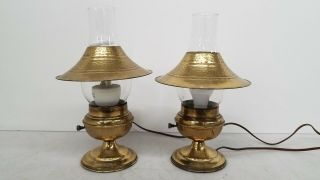 2 Vintage Brass Hammered Electric Lantern Table Lamps w/ Shades & Glass Globes 2
