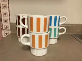 6 Mid Century Vtg.  Mccoy Usa Coffee Mugs Cups Stacking Striped Restaurant
