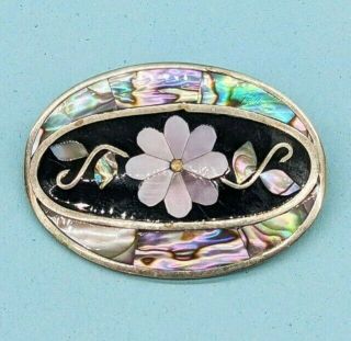 Vintage Signed Inlay Abalone Shell Floral Silver Tone Brooch South Western Style