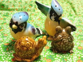 Vintage Springtime Salt And Pepper Shakers - Snail Frog Blue Birds