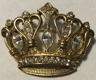 Vintage Kjl Kenneth J Lane Avon Rhinestone Gold Crown Brooch 2 1/2”