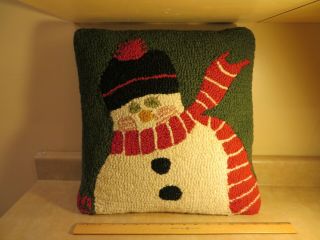 Chandler 4 Corners Pillow Hooked Wool Snowman Laura Megroz 18x18 "
