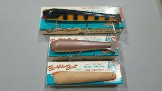 3 Vintage Bobbie Bait Wood Musky Lures With Boxes Baits,  One Blank