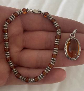 Solid Silver Vintage Natural Amber Pendant & Bracelet. 2