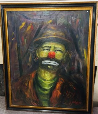 Vintage Metal Clown Oil Painting Framed 23 X 19 Signed