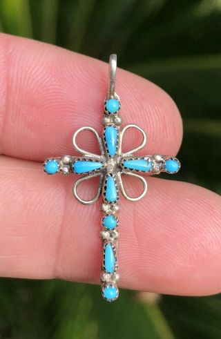 Vtg Zuni Native American Sterling Silver Sleeping Beauty Turquoise Cross Pendant