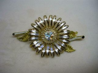 Rare Vintage Coro Silver Enamel & Crystal Ab Rhinestone Flower Pin Old Stock