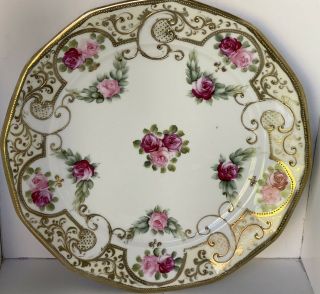Antique Nippon Maple Leaf Marked Hand Painted Gold Moriage Roses 10 Inch Plate