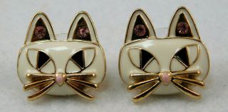 Vintage Betsey Johnson Gold Tone Enamel Rhinestone Cat Face Earrings
