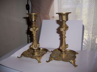 Pair Antique Vintage Ornate Brass Candle Stick Holders Footed Embossed French