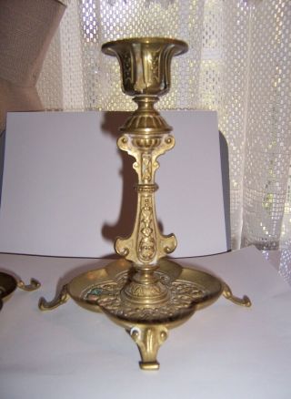 Pair ANTIQUE VINTAGE ORNATE BRASS CANDLE STICK HOLDERs footed embossed French 2