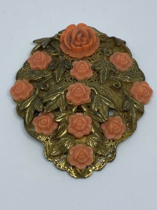 Czech Art Deco Brass Filigree Faux Coral Celluloid Rosette Flower Dress Clip