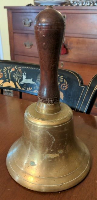 Antique Brass Large Handbell Turned Wood Handle School Alarm