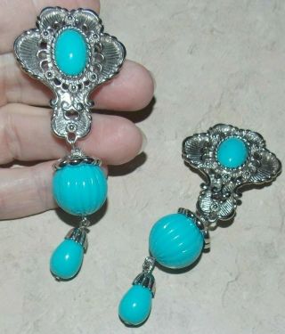 Vtg Jose Barrera For Avon Turquoise Bead Silvertone Chunky Clip Earrings Jewelry