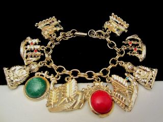 Rare Vintage 7 " X1 - 1/4 " Goldtone Asian Buddha Theme Charm Statement Bracelet A41