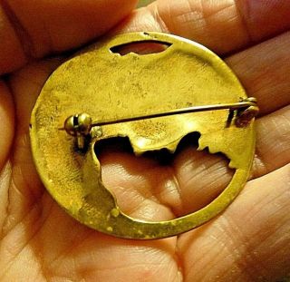 Vtg Art Nouveau Woman Circle Pin Brooch Brass 2 1/2 