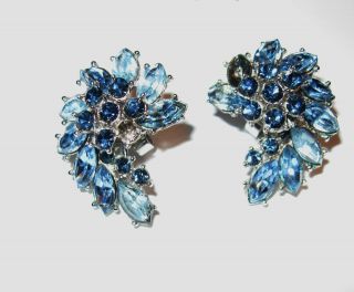 Vintage Signed Crown Trifari Blue Sapphire Rhinestones Earrings 2 Stones Missing