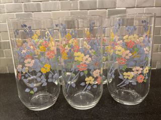 Set Of 7 Vintage Pink Blue Yellow Flowers Floral Drinking Glasses