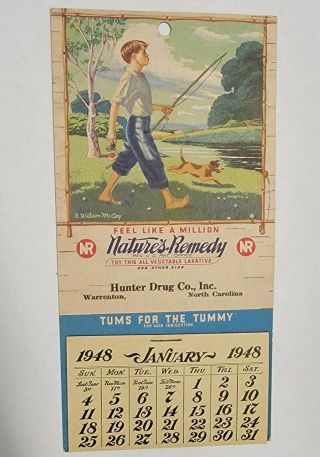 Vintage 1948 Advertising Tums For The Tummy Calendar Hunter Drug Co Warrenton Nc