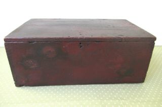 Antique Box Vintage Primitive Wood Storage,  Old Red Paint,  Lid,  14 " X 8 " X 6 "