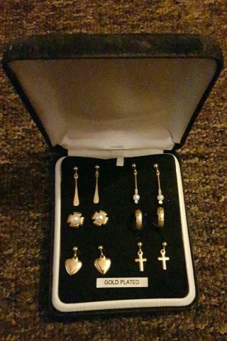 Set Of 6 Pairs Vintage Gold Plated Pierced Earrings Boxed