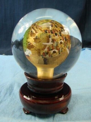 Vtg Japanese Glass Reverse Hand Painted Globe W/ Stand Signed