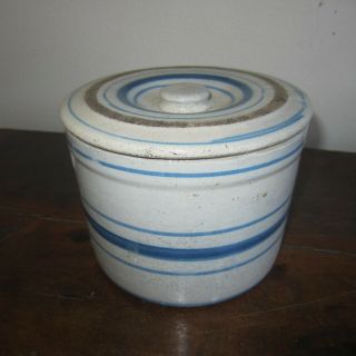 Unusual Antique Blue Striped Gray Stoneware Butter Crock W/lid