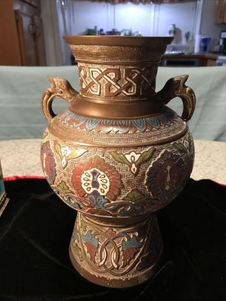 Antique 12 " Japanese Bronze Champleve Enameled Vase - Bird Handles