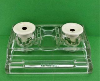 Vintage Art Deco Glass Desk Pen Inkwell Stand British Made 19 X 14.  5 Cm Wide