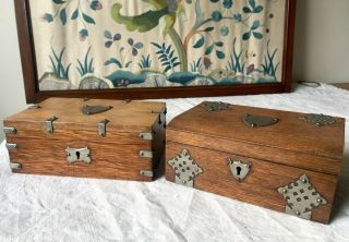 2 X Small Antique/vintage Boxes Mini Chests Wood & Chrome Treasure Chests Sturdy