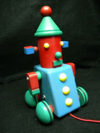 Vintage " Hoobert " Wooden Mechanical Robot Pull Toy