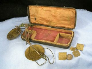 Georgian Antique Steel & Brass Doctors Chemist Scales Weights & Ray Skin Tin Box