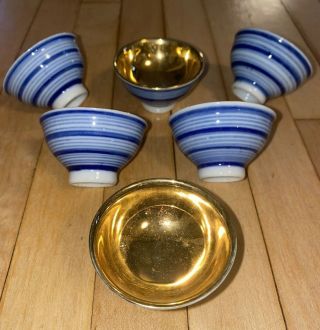 Set Of 6 Vintage Blue & White Footed Porcelain Sake Cups Gold Lusterwear Lined