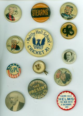 13 Vintage 1890s - 1930 Assorted Advertising Pinback Buttons & Studs Stearns Bikes