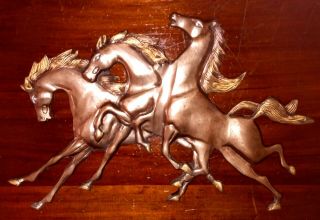Vtg Wall Sculpture Hanging Wild Horses Running Stallions Metal Brass Western