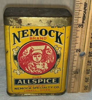 Antique Nemock Allspice Spice Tin Litho Can Lowell Ma Country Store Grocery Old