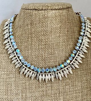 Vintage Designer Signed Bsk Choker Necklace Blue Rhinestones Rhodium Plated 16”