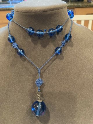 Antique 1920s Chinese Export Cobalt Blue Peking Glass Silver Silk Long Necklace